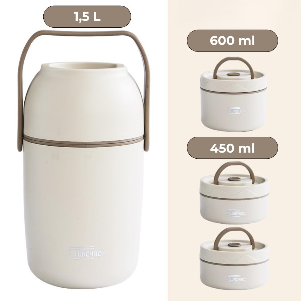 Genérico Termo para Alimentos con Compartimentos, Diseño Agradable y Funcional - Blanco y Beige - 1,2 Litros y 1,5 Litros (2 o 3 recipientes) - Plato incluido y Asa de transporte. (Blanco, 1,5 L)
