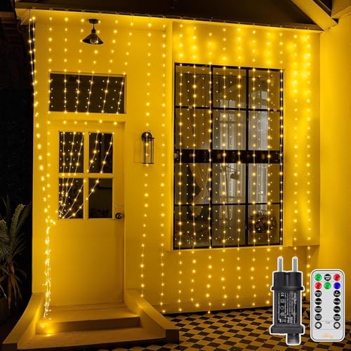 Ollny Lichtervorhang aussen 3×3m 300 LED Lichterkette Vorhang mit 8 Modi IP67 wasserdicht mit Fernbedienung Timer und Dimmbar für Weihnachten Tür Wand Party Fenster Balkon (Warmweiß)