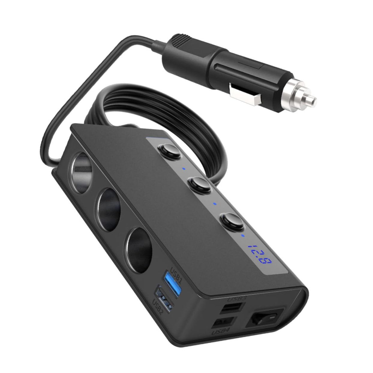 SEWACC Adaptador de Cargador para Coche 180 W, 12 V-24 V, 4 Puertos USB y 3 Tomas para Mechero, Interruptor Independiente