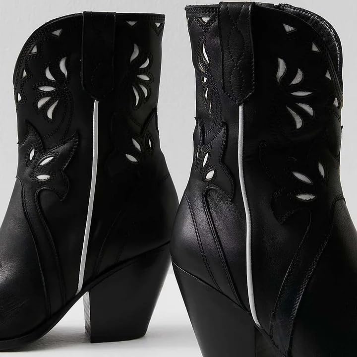 keleimusi Women's Cut-Out Floral Embroidery Cowgirl Boots Stacked Heel Cowboy Booties Steel Toe Short Cowboy Boots Side Zipper Western Booties for Women4
