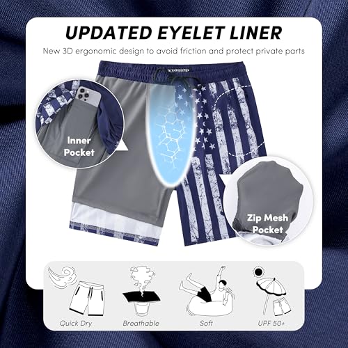 Image of Men's Swim Trunks with Compresssion Liner 7 inch Swimwear Board Shorts 2-in-1 Bathing Suits with Zipper Pockets