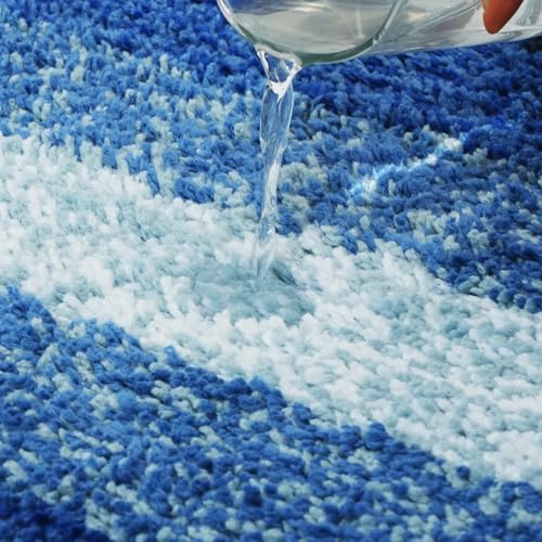 Image of Pano Textured Striped Runner Rug 45x130 cm Blue | Anti-Skid, Super Soft & Ultra Absorbent Floor Runner | Quick Dry & Washable Runner for Bathroom, Kitchen, Bedroom & Living Room