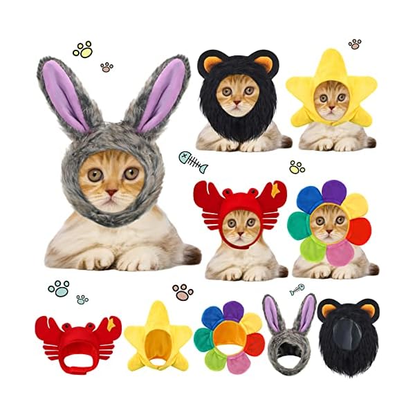 5 pieces cat hat cat dog costume cute pet hat bunny rabbit hat with ears headwear lion mane cap valentine new years day party accessory for kitten puppy dress up adjustable birthday hat (cute style)