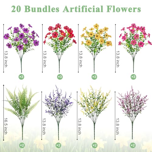 Image of 20 Bundles Artificial Flowers for Outdoors Fake Flowers, Mixed | UV resistant, silk fake flowers with lavender and ferns shrubs, faux plants, outdoor planters porch garden home decorations