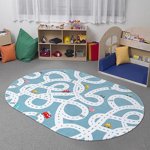Image of STARUIA Small Road Rug for Kids Room, 3'x5' Washable Kids Play Rug for Baby Nursery, Non-Slip Car Rugs for Playroom, Kid Play Mat Blue Traffic Carpet for Boys Girls Dorm Toy Room Tent