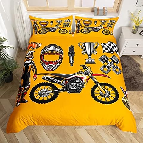 Sunnybed Dirt Bike Bedding Set For Boys Single Extreme Sports Motorbike Duvet Cover For Kids Teens,Motocross Rider Helmet Comforter Cover Retro Cool Motorcycle Bedspread Cover 1 Pillow Case Yellow Cover
