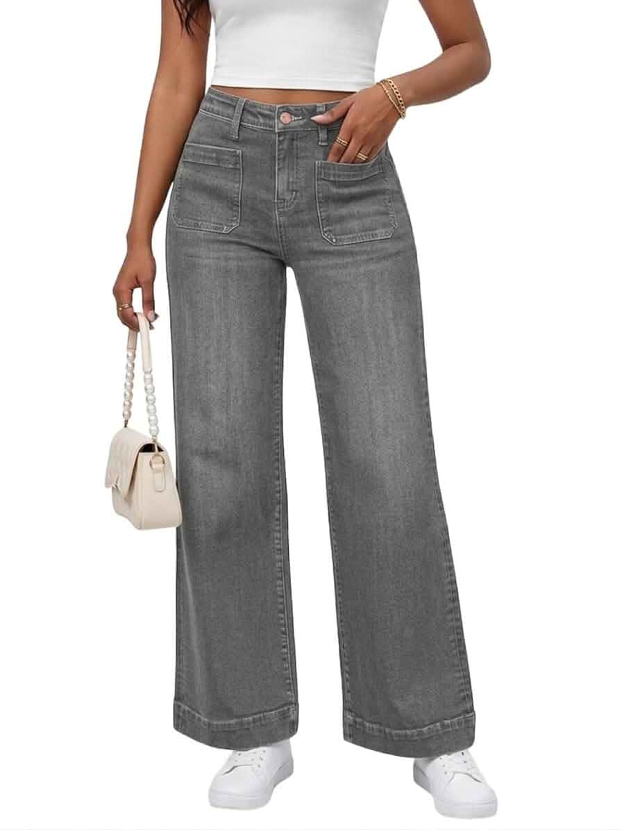 PerZeal Wide Leg Jeans for Women Trendy High Waisted Flare Jeans Straight Denim Pants Stretchy Baggy with Patch Pockets Jeans · Regular