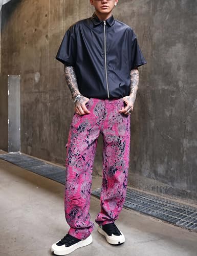 Men Jacquard Weave Denim Jeans Loose Wide Leg Pants3