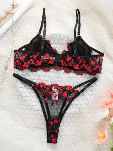 Image of Sexy Floral Embroidered Flower Mesh Underwire Push Up Lingerie Set