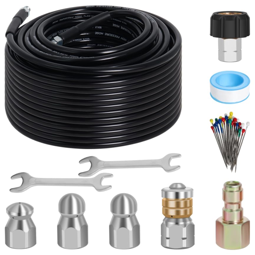 Photo 1 of 100FT Sewer Jetter Kit for Pressure Washer, 5800PSI Drain Cleaner Hose 1/4 Inch NPT Corner with 4 Sewer Jetting Nozzles?Waterproof Tape?Pearl Corsage Pin & 2 Spanners (Black)