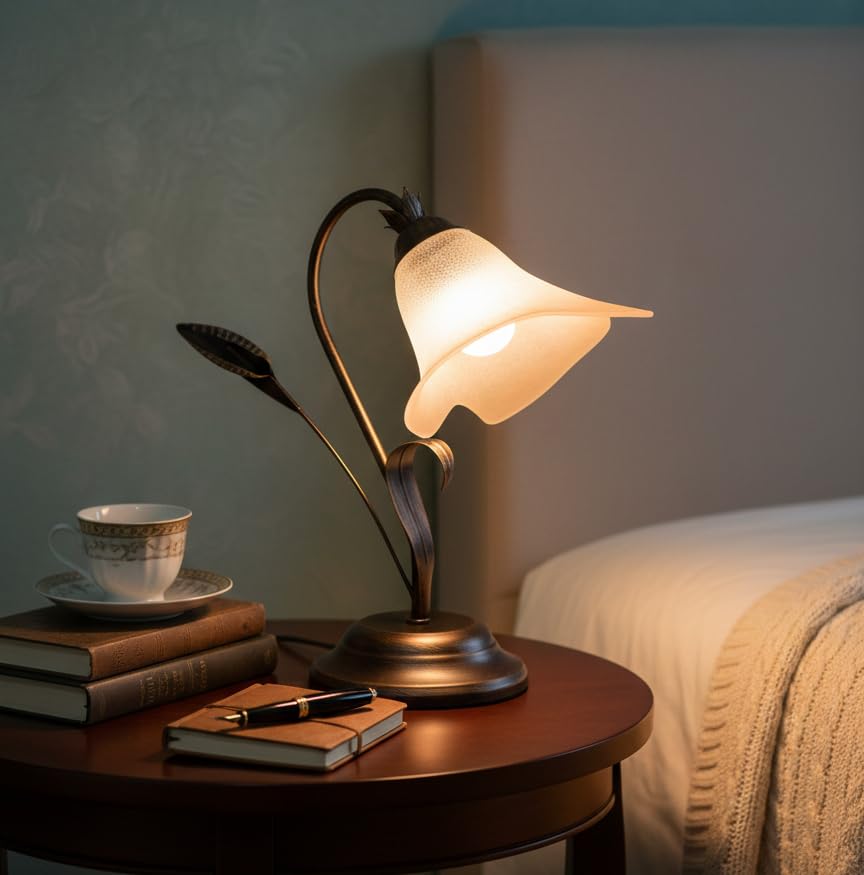 ILAB Lumetto comodino a 1 luce sinistro in ferro battuto e vetro realizzato e decorato artigianalmente coll. calla vetro
