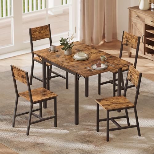 VASAGLE 1 Table Pliante avec 4 Chaises de Cuisine, Ensemble de Salle à Manger, pour Salon, Cuisine, Cadre en Acier, Montage Facile, Marron Rustique et Noir...