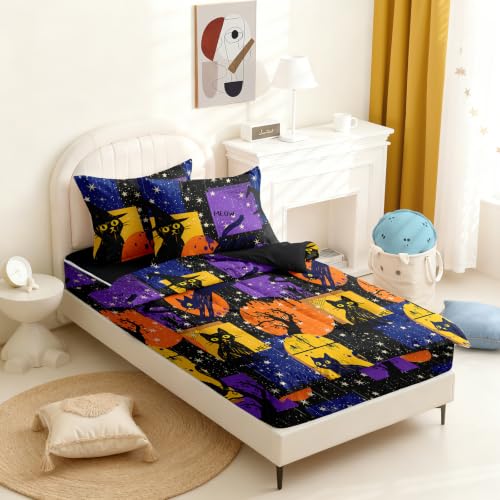 Image of Kids Comforter Set,Zipper Bedding Twin for Teen,Black Cat Printed Comforter Set with Fitted Sheets and Pillowcases for All Season(Black Cat Twin)