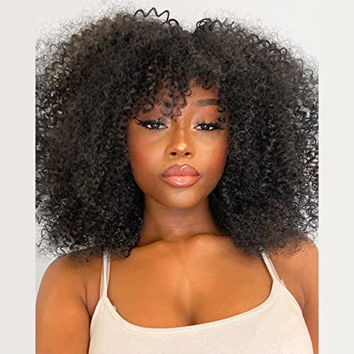 Image of ISEE Hair Afro Kinky Curly Wig With Bangs Full Machine Made 180% Density Virgin Brazilian Short Curly Human Hair Wigs Natural Color 20 inch