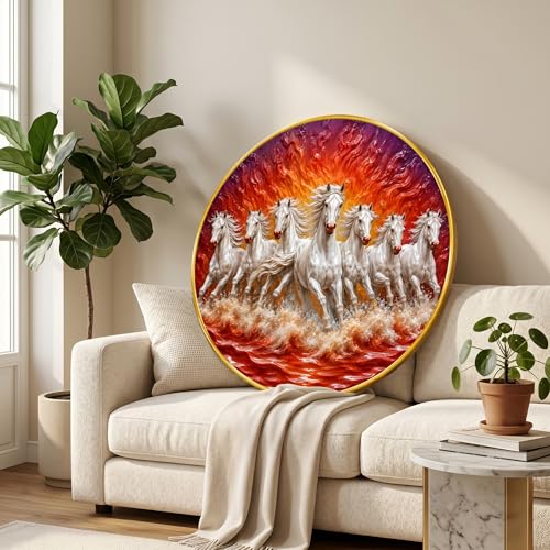 Image of SAF 7 Horse Vastu Round Wall Painting with Premium PVC Golden Frame, White Running Horses Fire Ocean Art for Living Room Office Home Decor Gift (23 x 23 Inch) GR-440