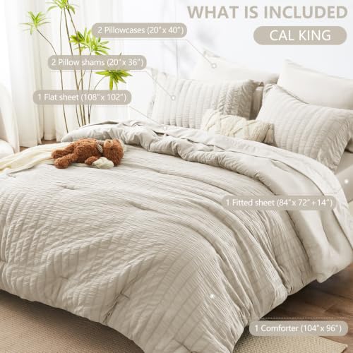 Image of HIMEET California King Comforter Set- 7 Pieces Seersucker Bed in a Bag, Boho Bedding Sets for Bedroom Decor, All Season Home Essential Bed Set with Comforter, Sheets, Pillowcases & Shams, Beige