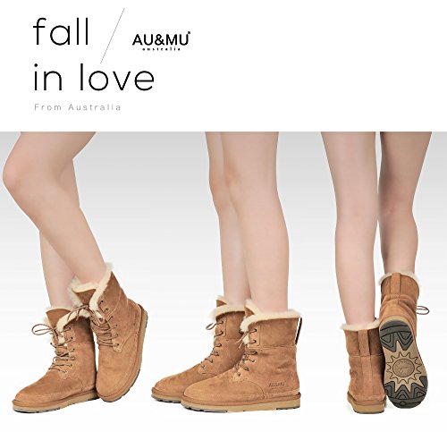 AU&MU Aumu Womens Shearling Leather Sheepskin Classic Lace up Mid Calf Flat Fur Winter Snow Boots…4