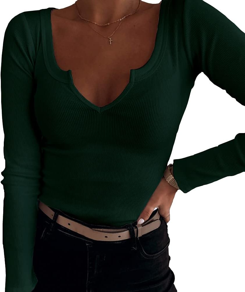 Roselux Women V Neck Ribbed Long Sleeve Shirt Fitted Basic Slim Knit Top - Image 2