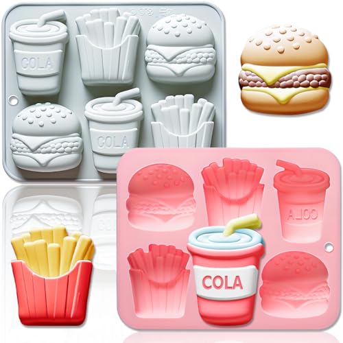 2 Pack Silicone Mold Set for Candies Chocolates Cookies Soap & Plaster Clay Crafts 6 Cavities (Burger Fries Cola) Realistic Food Shapes 3D DIY Non-Stick & Flexible Baking Mold Tray
