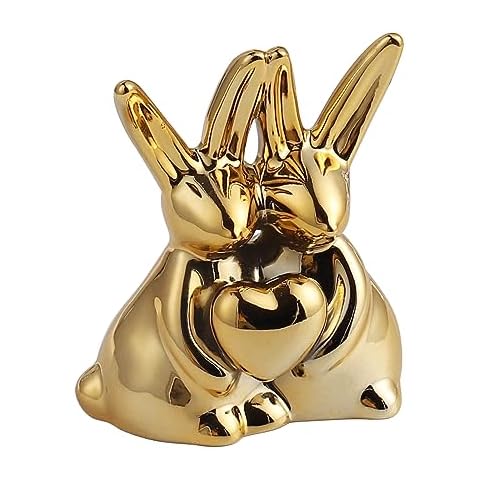 MAKOUYU Couple Rabbit Statues,Ceramic Animal Bunny Figurines Ornaments,Easter Home Decor,Decorative Accents for Shelves, Livingroom and Bedroom (Golden) Cover