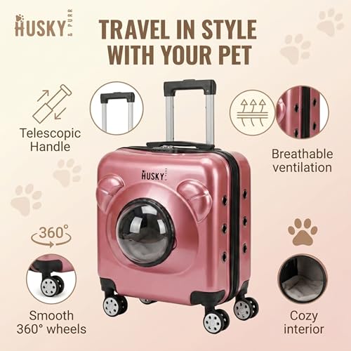 Image of Husky & Purr Pet Carrier with Wheels for Cats & Small Dogs | Durable Cat Bag Carrier Trolley with Mesh and Transparent Dome Front, Telescopic Handle, Up to 8kgs