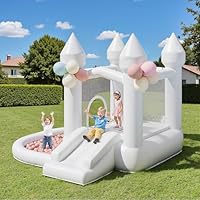 Warmiehomy White Bouncy Castle with Slide Trampoline and Ball Pit Indoor Outdoor Bouncing House for Kids Age 3-8 Wedding Photo Booth for Garden Park Backyard Wedding Birthday Party Gift