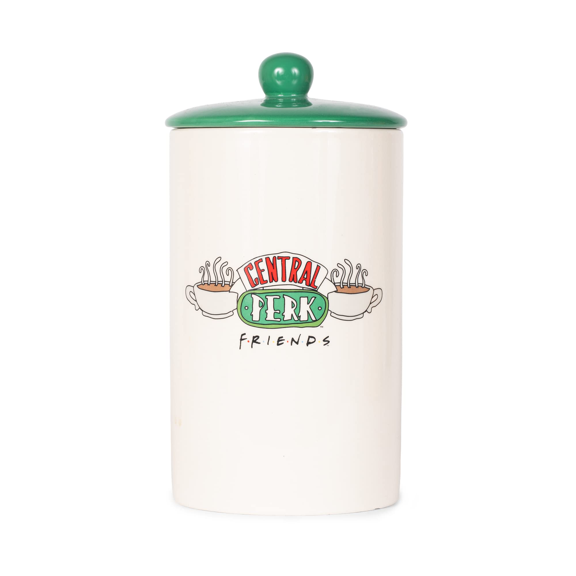 Friends the TV Show Friends Central Perk Dog Treat Jar | 10" x 5" Ceramic Dog Treat Jar with Lid, Dishwasher Safe | Friends White and Green Dog Food Storage Container, Cylinder