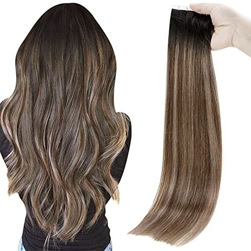 Full Shine Tape in Hair Extensions Human Hair 18 Inch Remy Hair Extensions Color 1B Fading to 4 mix with 18 Seamless Hair Extensions Black Ombre Tape in Extensions Balayage 50 Grams 20 Pieces