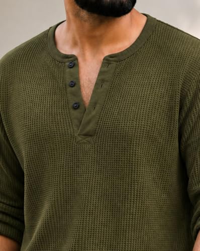 Image of AUSK Men's Waffle Knit Henley T-Shirt | Cotton Blend Full Sleeve Textured Casual T Shirt | Regular Fit Button Placket Round Neck Tshirt for Men