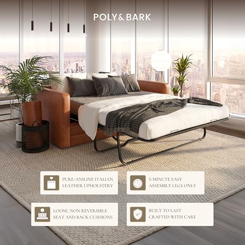 Image of POLY & BARK Napa 82 inch Leather Pull‑Out Sleeper Sofa - Full‑Grain Italian Leather Upholstery,Tri‑Layer Mattress & Storage Console -Sophisticated Multi‑Functional Sofa Bed for Living Rooms & Guest Spaces