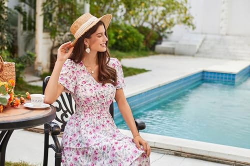 GRACE KARIN 2024 Damen Sommer V-Ausschnitt Kurzarm Blumenkleid Casual Strand Maxi Kleid Elegant A-Linie Freizeitkleid Urlaubskleid Hochzeit – Bild 5