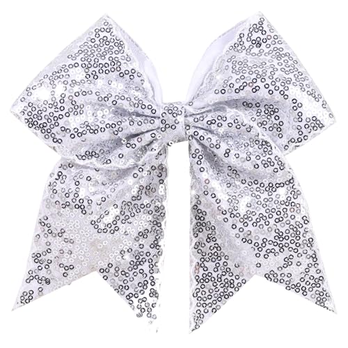 CN 7 Glitter Large Cheer Hair Bow Clips for Girls Cheerleader Silver Sequin Jumbo Cheer Hair Bows Handmade for Cheerleading Teens Girls Kids Sports Softball Cheerleader Outfit