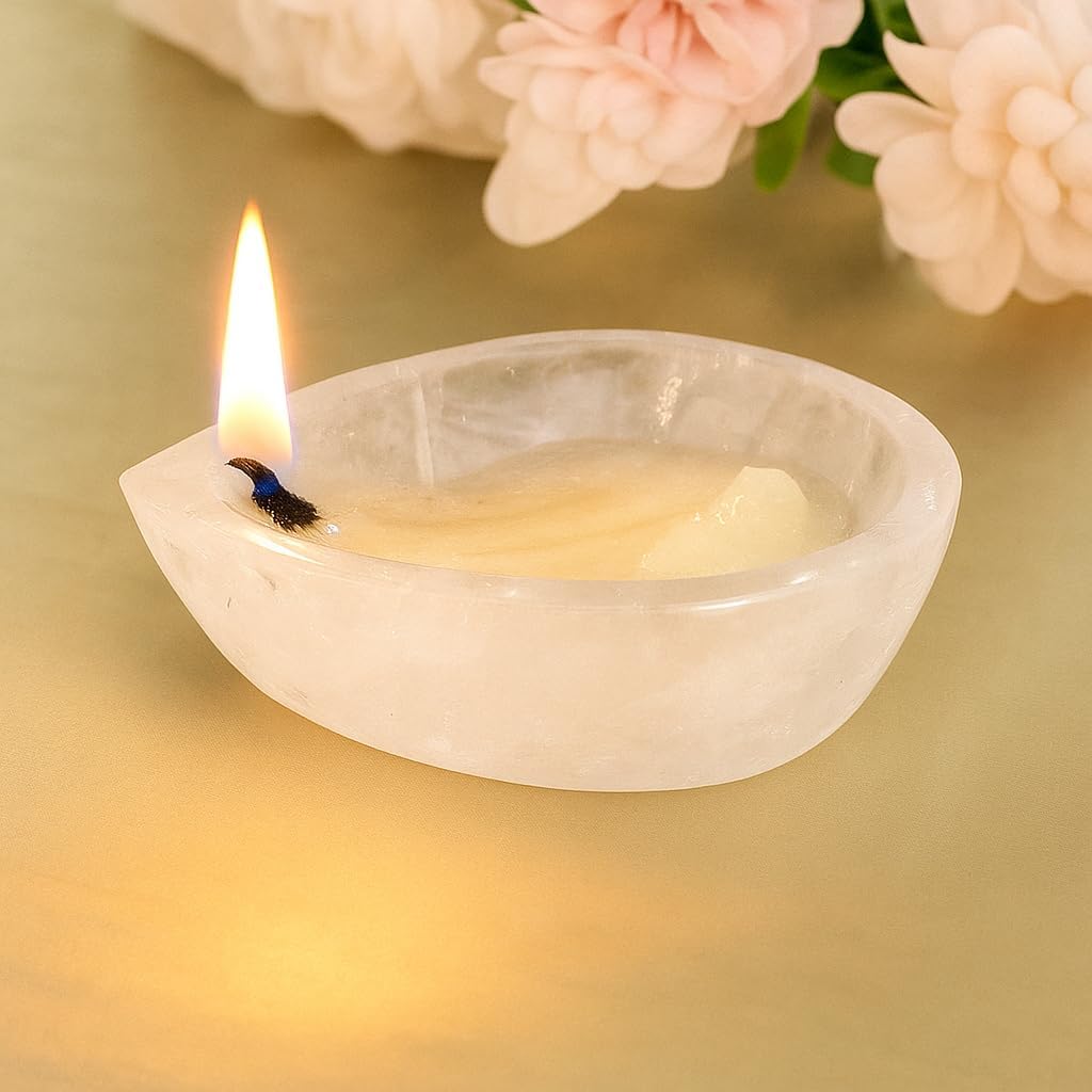 SS Murti® Natural Crystal Diya Hand-Carved Stone Oil Lamp for Pooja, Temple, Diwali, Rakhi & Home Decoration | Healing Gemstone Diya for Positive Energy & Festive Gift (Clear Quartz, 2.3" Inches)
