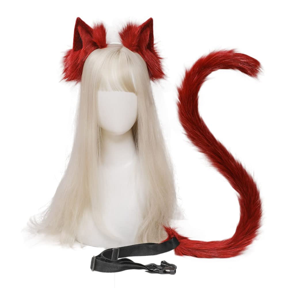 Handmade Cat Ears Headband and Tail Set, Flexible Animal Fox Ears Hair Hoop Tail Cosplay Party Costume Fancy Dress Accessories (Red)