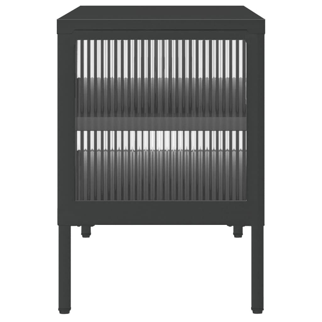 Szafka pod telewizor czarna, 105 x 35 x 50 cm, szkło ryflowane, stal malowana proszkowo, centrum rozrywki, stabilny stojak pod telewizor do salonu, sypialni