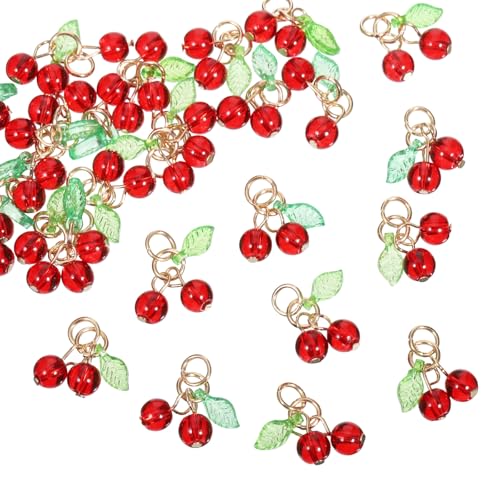 Skrfren 30 Pcs Cute Red Cherry Charms Mini Acrylic Cherry Beaded Charms with Jump Rings for Earrings Necklaces Bracelets Anklets DIY Handmade Jewelry