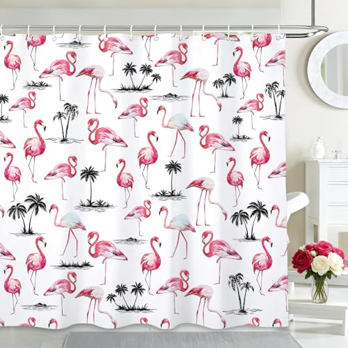 MEHOFOND Flamingo Shower Curtain 72x72 Inch Pink Flamingo Tropical Bathroom Decor Watercolor Fabric Shower Curtain Waterproof with Hooks