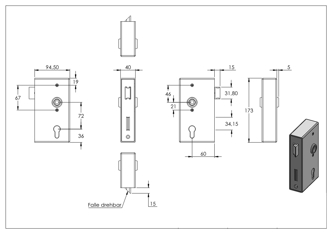 Boîtier de serrure | Dimensions : 173 x 94,5 x 40 mm | Mandrin : 60 mm | Acier (brut) S235 JR