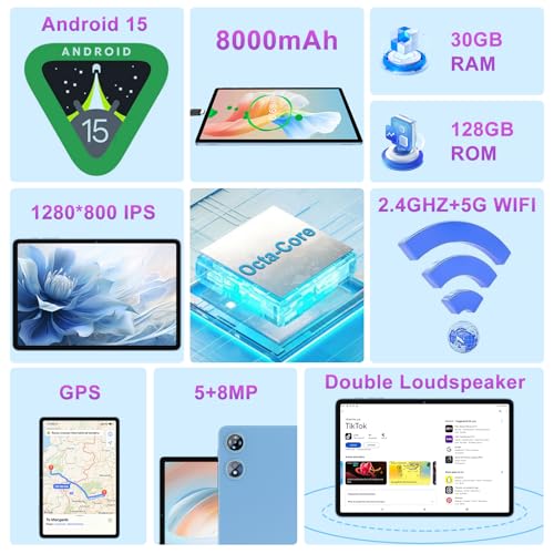 Image of Android 15 Tablet 30GB RAM 128GB ROM 1TB TF, Tablet 10 Inch with Gemini AI, 2026 Octa-Core Electronics Tablets with Keyboard, 8000mAh, HD IPS Display, 5G WiFi, Widevine L1, Split-Screen - Metal Blue
