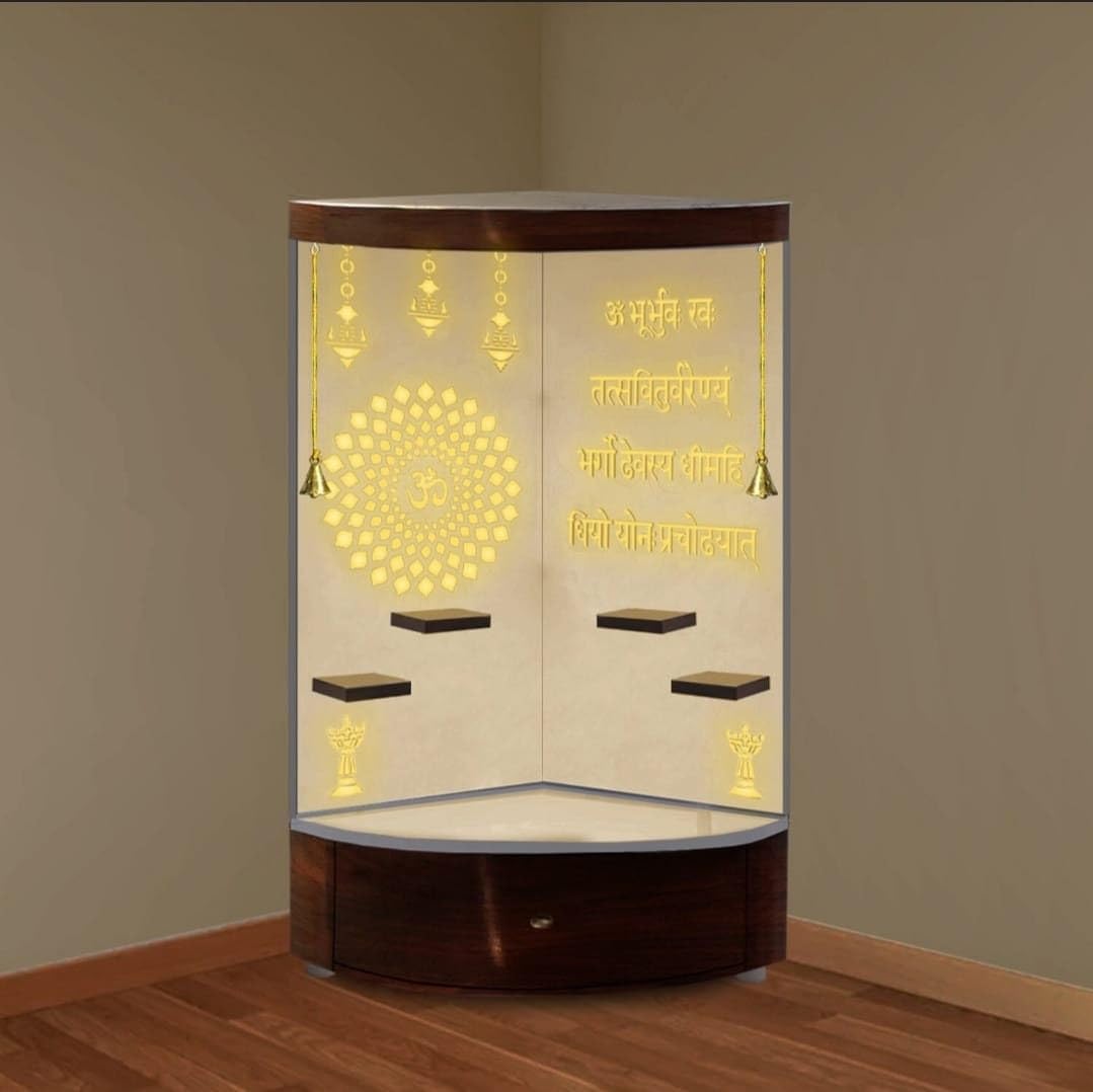 Customized Wooden Temple/Corner White LED Light Temple for Home and Office | Side Corner Wooden Mandir/Wall Hanging And Table Top/Mandap