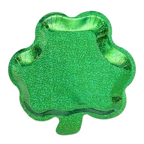 Whaline 50 Pcs St. Patricks Day Shamrock Paper Plates Disposable Plates 9 Inch Sparkly Foil Green Clover Shape Party Tableware for Irish Holiday Birthday Table Decor Supplies