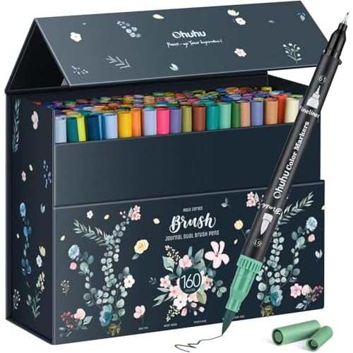 Ohuhu Markers for Adult Coloring Books No Bleeding 160 Colors Coloring Markers Water-based Dual Tips Fineliner & Brush Drawing Pens Art Pens for Kids Adults Sketch Journal - Maui - Black 1 C