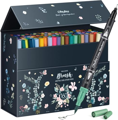 Ohuhu 160 Feutre Couleurs Coloriage Adulte, Aquarelle Stylos Feutres Double Pointe Fine et Pinceau pour Calligraphie Mandala Dessin Colorant, Maui – Boîte de Rangement