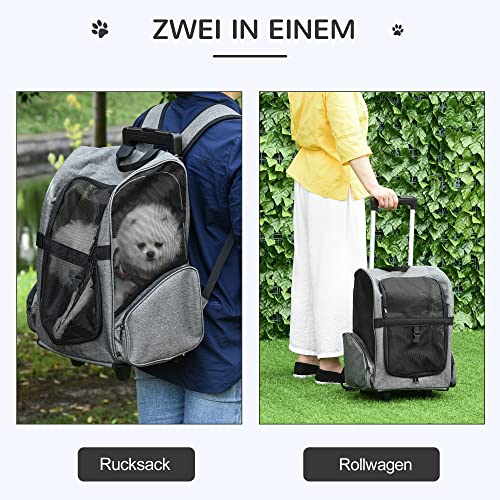 PawHut Hundetrolley Transporttasche Tragetasche für Tiere Trolley 2-in-1 Haustierrucksack Hundetasche mit Tür und Fenster atmungsaktiv Oxfordstoff Grau 42 x 25 x 55 cm