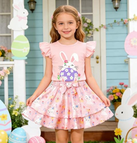 Image of Girls Skirt Set 2 Piece Outfit Toddler Summer Clothes Ruffle Sleeve T-Shirt Bow Knot Tutu Skirt Outfit Set