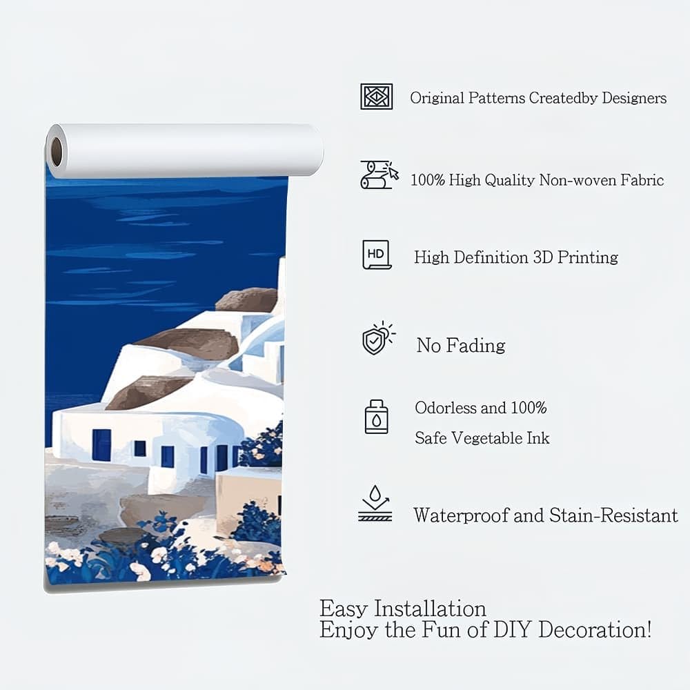 Naklejki ścienne do salonu 300 x 210 cm Santorini Architektoniczne wzory efekt 3D Murale ciemnoniebieskie tapety z włókniny plakat projekt pokoju zabaw korytarz salon ściany