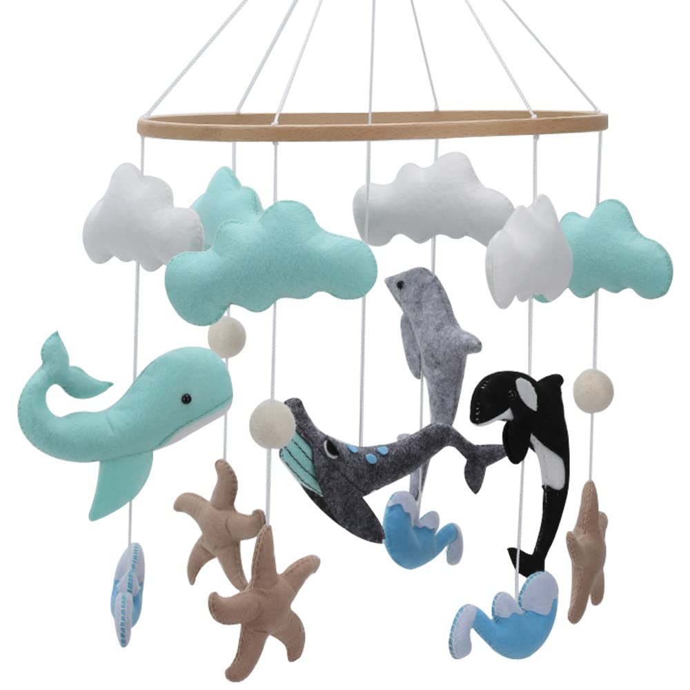 Blue Whale Baby Mobile Nursery Hand Made Felt Baby Mobile Sea Ocean Waves  Nursery Hanging Crib Mobile