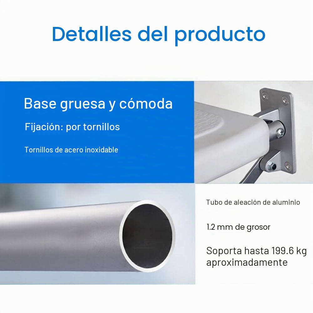 Taburete de ducha plegable de pared, taburete de baño atornillado, con patas antideslizantes, agujero de drenaje, ranura para cabezal de ducha para personas mayores con discapacidad, 42~53 mm, altura