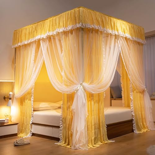 Elegante y lujoso dosel para cama de princesa con mosquitero de 4 postes en las esquinas, cortinas con volantes, estilo techo elástico de doble capa, mosquitera acogedora para decoración de dormitor