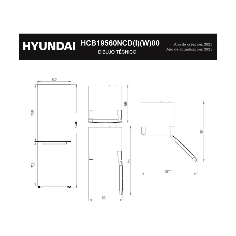 Hyundai Frigorífico Combi Inox, 2 Puertas HCB19560NCDI00, Capacidad 347 L, No Frost, Multi Air Flow, Bajo Nivel Sonoro, Puerta Reversible, Clasificación Energética E